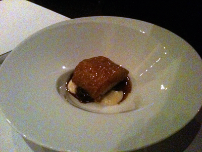 Berkshire pig jowl, maltose crackling, prunes, cauliflower cream, perfumed with prune kernel oil Berkshire pig jowl, maltose crackling, prunes, cauliflower cream, perfumed with prune kernel oil